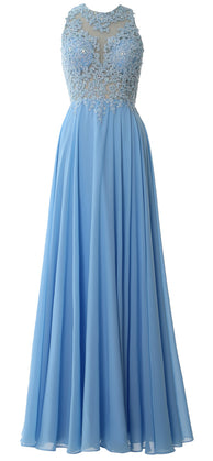 MACloth Elegant High Neck Long Prom Dress Lace Chiffon Formal Party Evening Gown