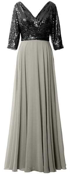 MACloth Women 3/4 Sleeve V Neck Mother Dress Sequin Chiffon Wedding Formal Gown