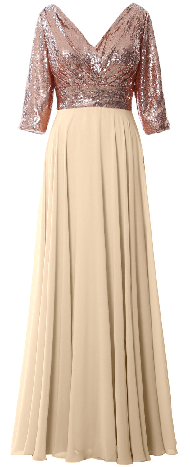 Vestido de gasa con lentejuelas y escote en V y mangas 3/4 para mujer de MACloth