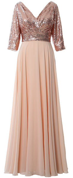 MACloth Women 3/4 Sleeve V Neck Mother Dress Sequin Chiffon Wedding Formal Gown
