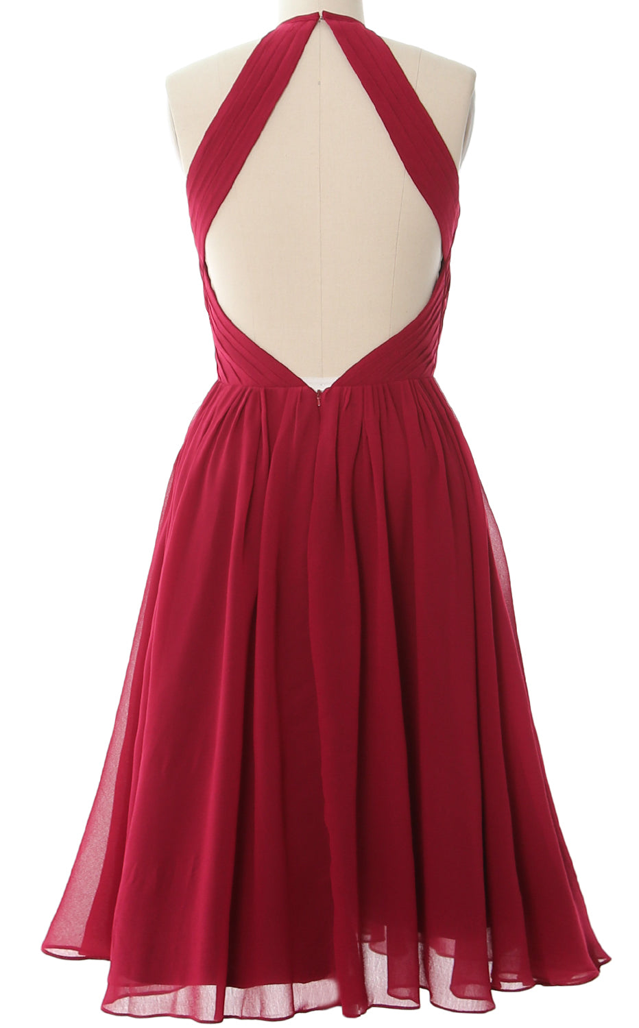 MACloth Women Halter Chiffon Cocktail Dress Short Bridesmaid Gown with Open Back Burgundy / Above Knee / US6