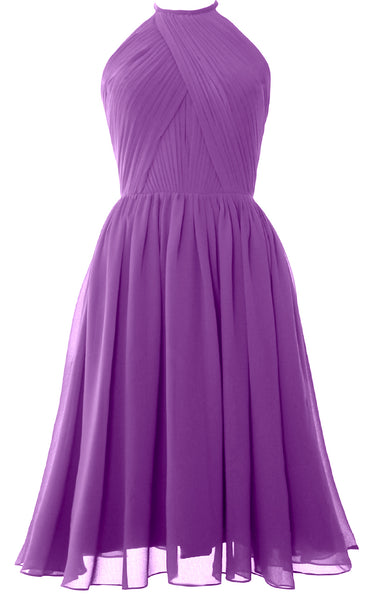 MACloth Women Halter Chiffon Cocktail Dress Short Bridesmaid Gown with Open Back