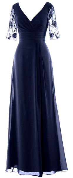 MACloth Women Half Sleeves Long Mother of The Bride Dress V Neck Formal Gown