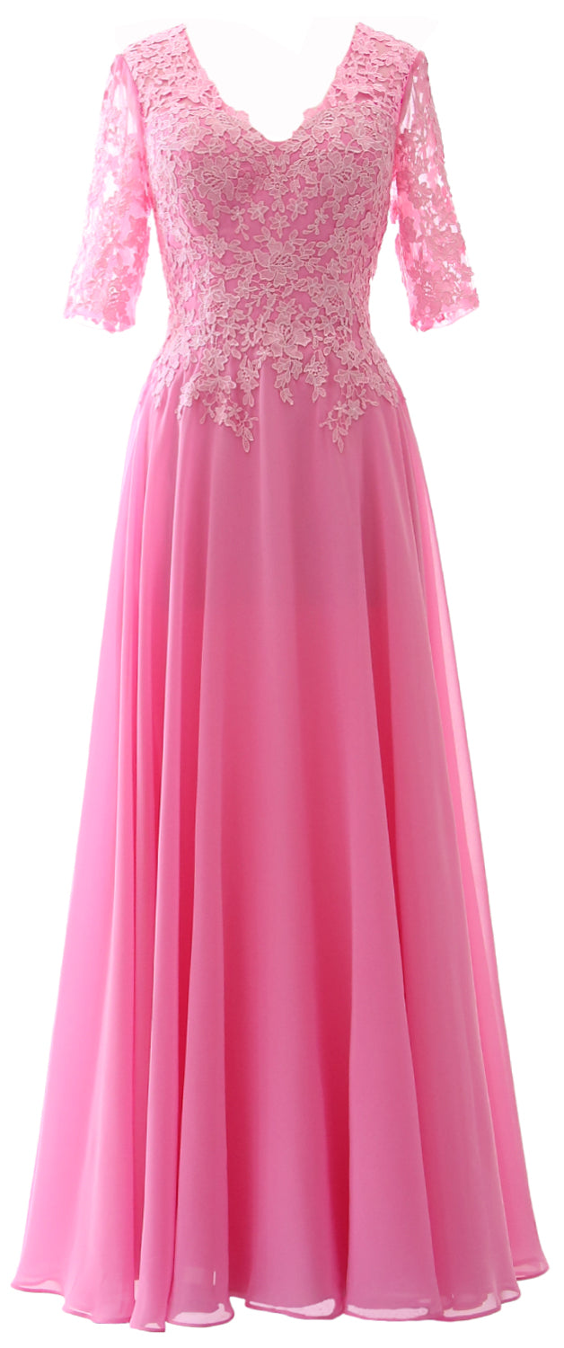 MACloth Vestido largo maxi para madre de la novia, manga corta, encaje, escote en V, vestido de noche