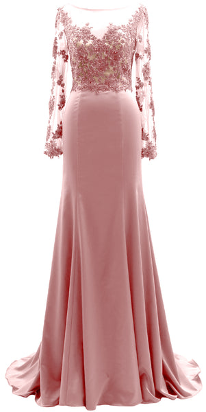 MACloth Women Long Sleeves Illusion Mother of The Bride Dress Lace Evening Gown