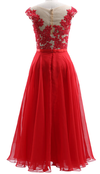 MACloth Cap Sleeves Illusion Midi Prom Dress Lace Chiffon Wedding Party Dress