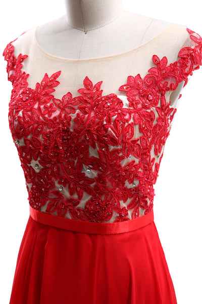 MACloth Cap Sleeves Illusion Midi Prom Dress Lace Chiffon Wedding Party Dress