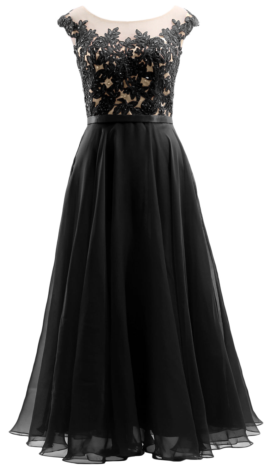 MACloth Flügelärmel Illusion Midi Ballkleid Spitze Chiffon Hochzeitsfeierkleid