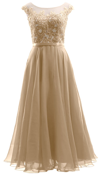 MACloth Cap Sleeves Illusion Midi Prom Dress Lace Chiffon Wedding Party Dress