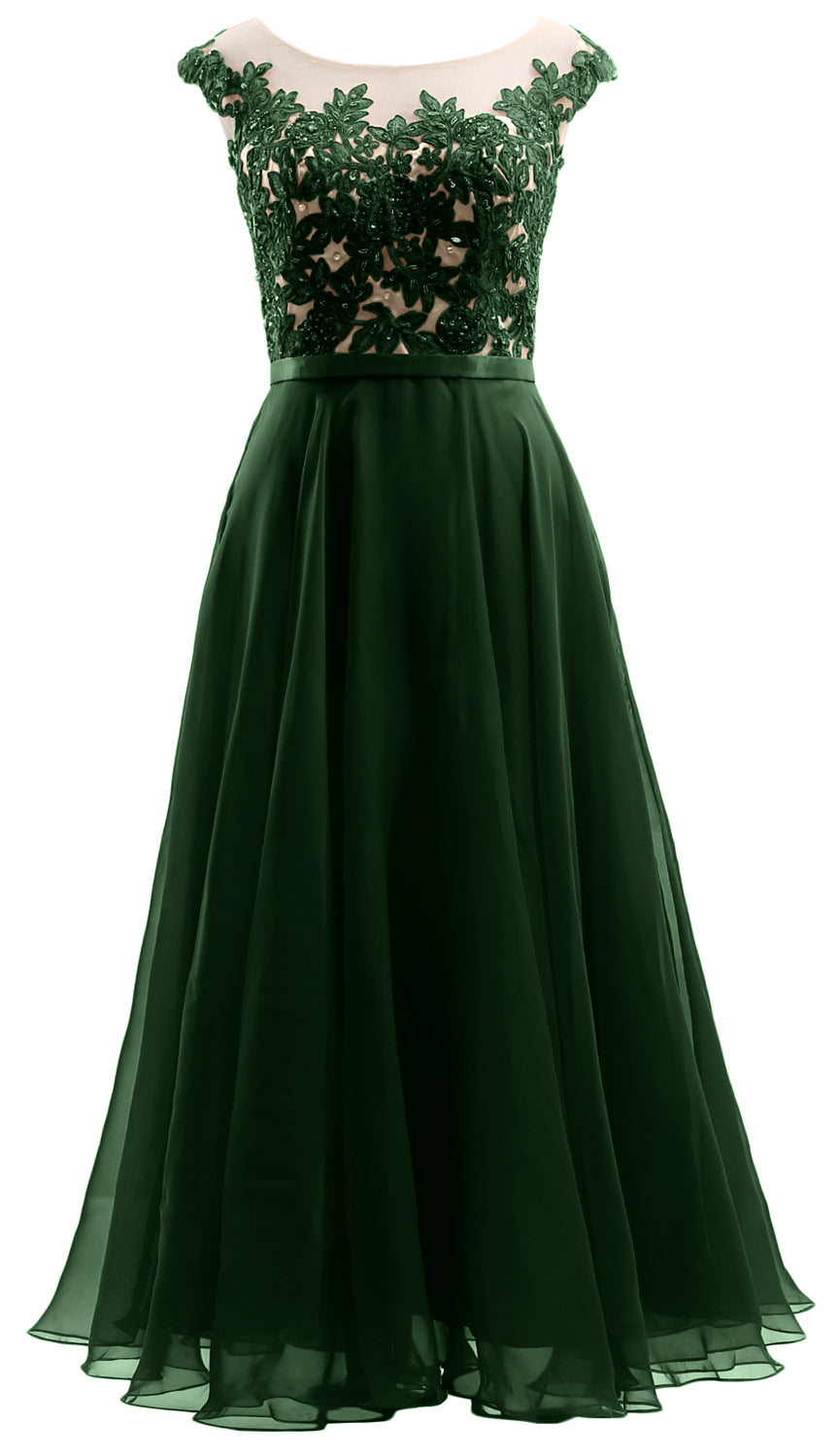 MACloth Flügelärmel Illusion Midi Ballkleid Spitze Chiffon Hochzeitsfeierkleid