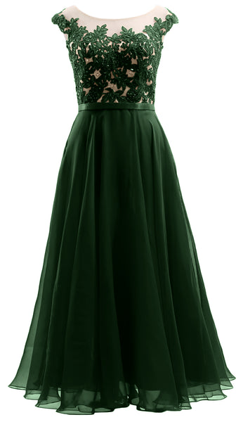 MACloth Cap Sleeves Illusion Midi Prom Dress Lace Chiffon Wedding Party Dress