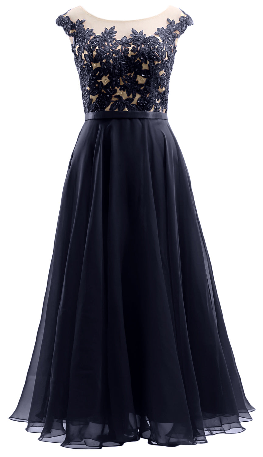 MACloth Flügelärmel Illusion Midi Ballkleid Spitze Chiffon Hochzeitsfeierkleid