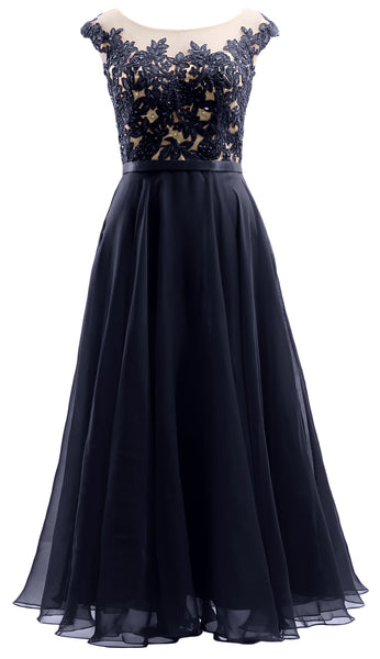 MACloth Cap Sleeves Illusion Midi Prom Dress Lace Chiffon Wedding Party Dress