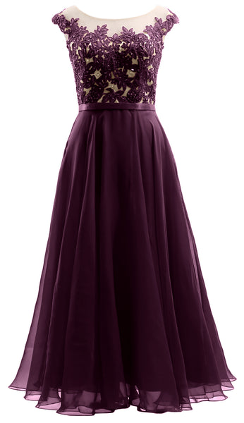 MACloth Cap Sleeves Illusion Midi Prom Dress Lace Chiffon Wedding Party Dress