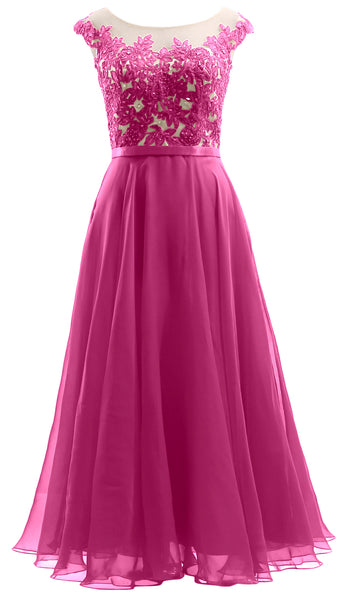 MACloth Cap Sleeves Illusion Midi Prom Dress Lace Chiffon Wedding Party Dress
