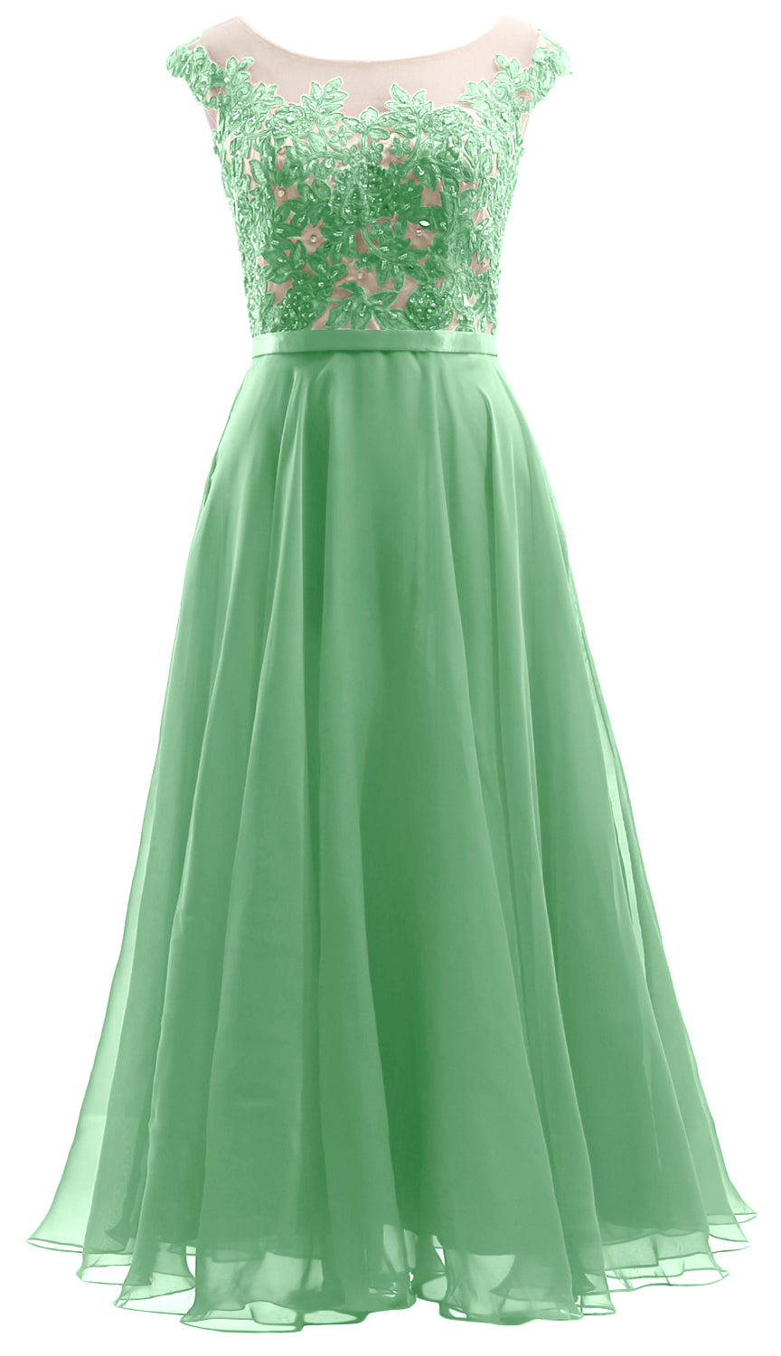 MACloth Flügelärmel Illusion Midi Ballkleid Spitze Chiffon Hochzeitsfeierkleid