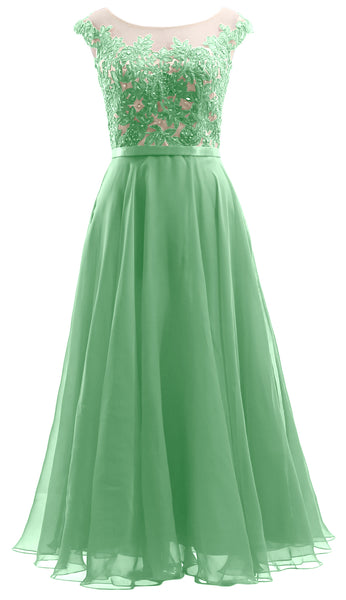 MACloth Cap Sleeves Illusion Midi Prom Dress Lace Chiffon Wedding Party Dress