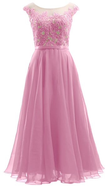 MACloth Cap Sleeves Illusion Midi Prom Dress Lace Chiffon Wedding Party Dress