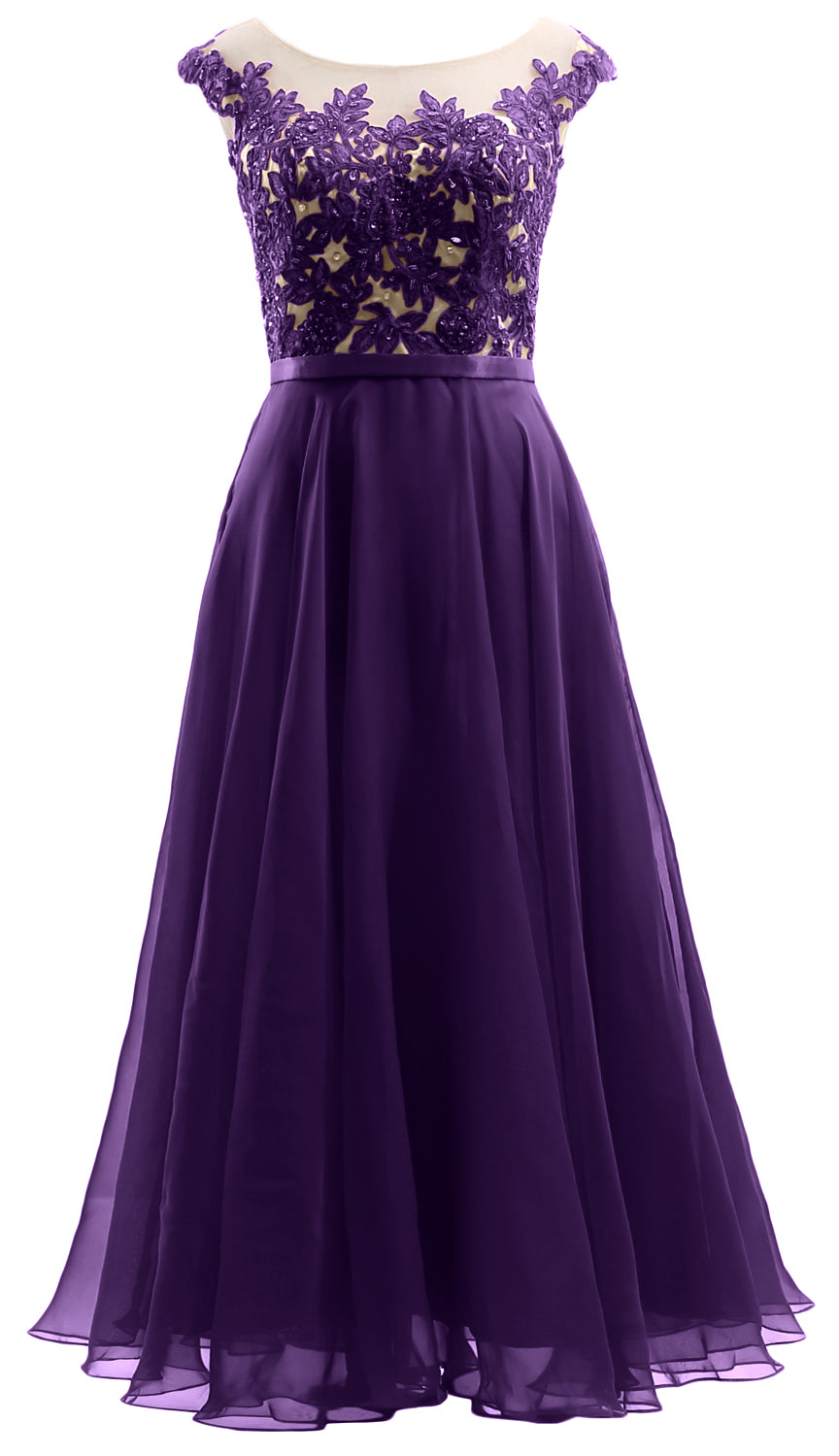 MACloth Flügelärmel Illusion Midi Ballkleid Spitze Chiffon Hochzeitsfeierkleid