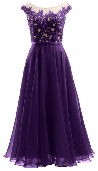 MACloth Cap Sleeves Illusion Midi Prom Dress Lace Chiffon Wedding Party Dress