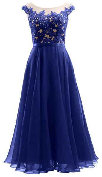 MACloth Cap Sleeves Illusion Midi Prom Dress Lace Chiffon Wedding Party Dress