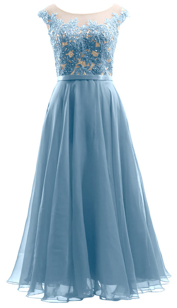 MACloth Cap Sleeves Illusion Midi Prom Dress Lace Chiffon Wedding Party Dress