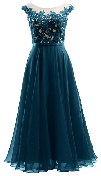 MACloth Cap Sleeves Illusion Midi Prom Dress Lace Chiffon Wedding Party Dress