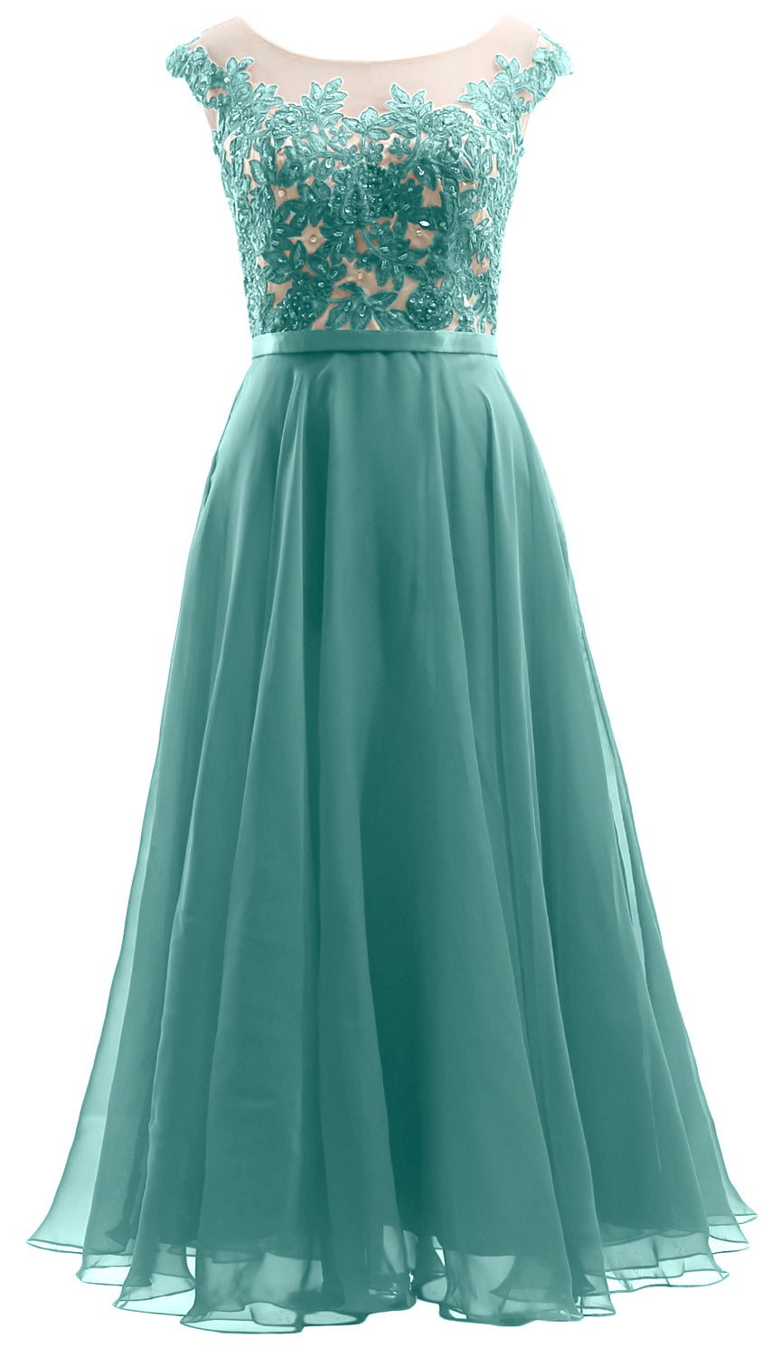 MACloth Flügelärmel Illusion Midi Ballkleid Spitze Chiffon Hochzeitsfeierkleid