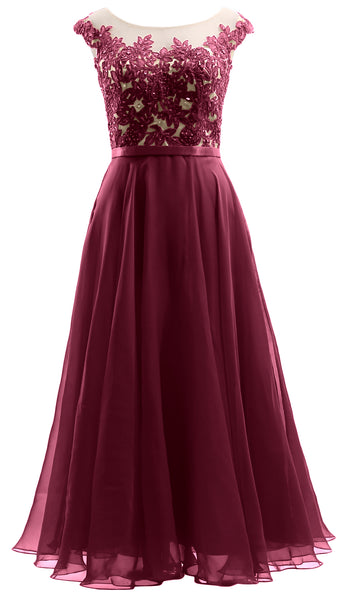 MACloth Cap Sleeves Illusion Midi Prom Dress Lace Chiffon Wedding Party Dress
