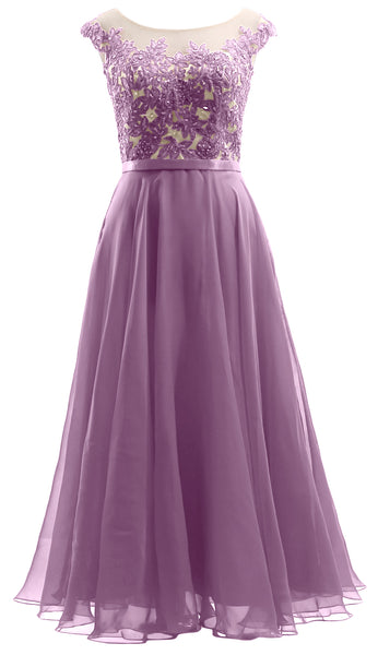 MACloth Cap Sleeves Illusion Midi Prom Dress Lace Chiffon Wedding Party Dress