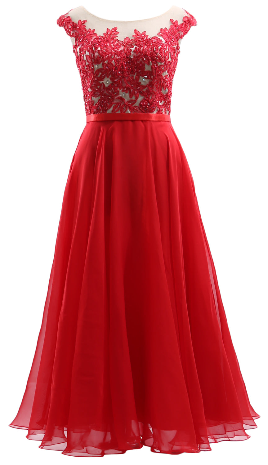 MACloth Flügelärmel Illusion Midi Ballkleid Spitze Chiffon Hochzeitsfeierkleid