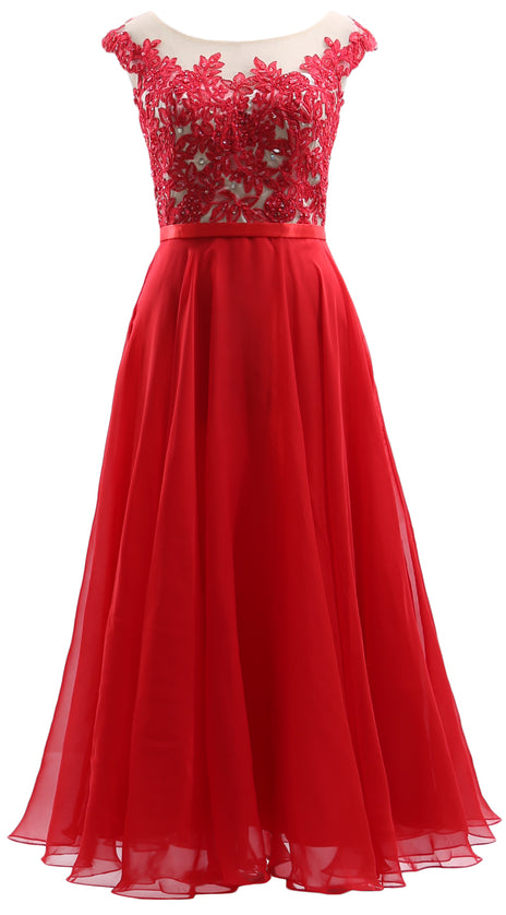 MACloth Cap Sleeves Illusion Midi Prom Dress Lace Chiffon Wedding Party Dress