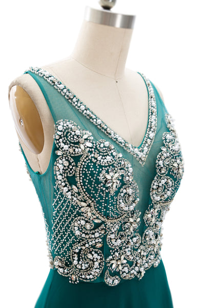 MACloth Straps V Neck Beaded Long Teal Prom Dress Chiffon Formal Evening Gown