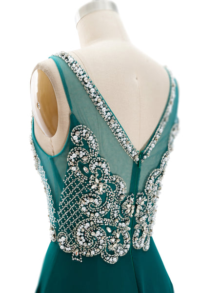 MACloth Straps V Neck Beaded Long Teal Prom Dress Chiffon Formal Evening Gown