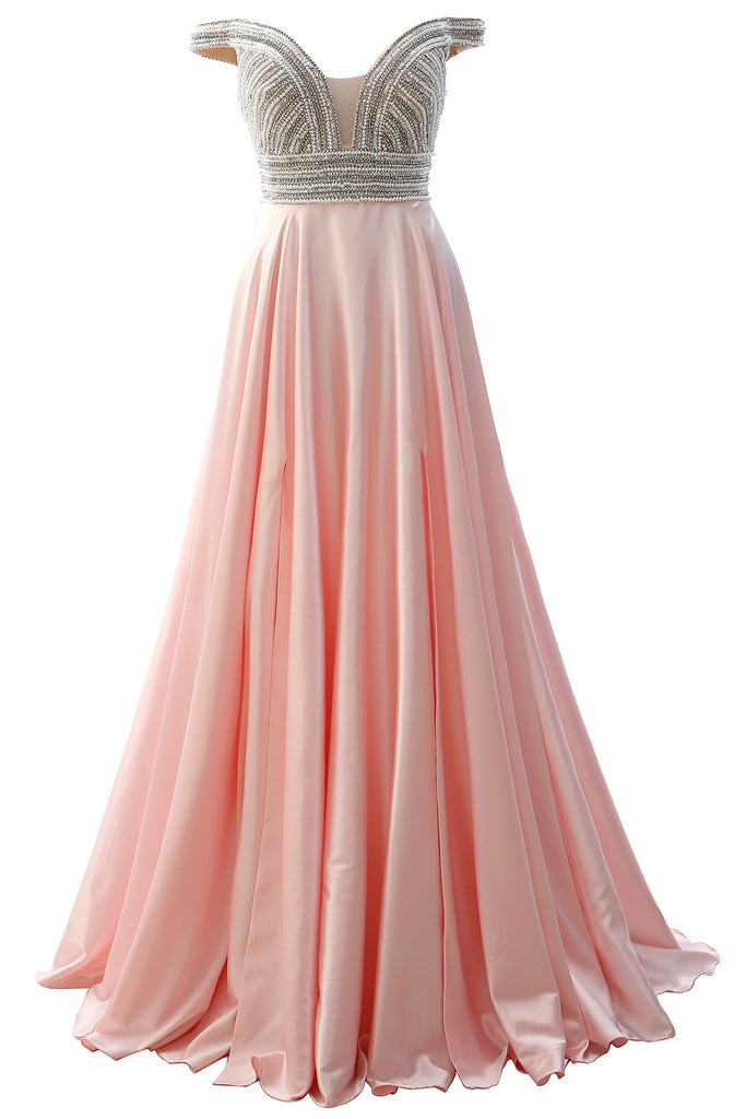 MACloth Off the Shoulder Beaded Long Prom Dress Pink Formal Evening Gown