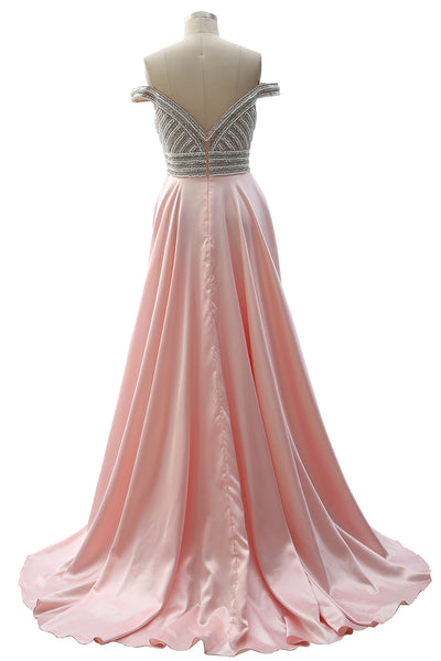 MACloth Off the Shoulder Beaded Long Prom Dress Pink Formal Evening Gown
