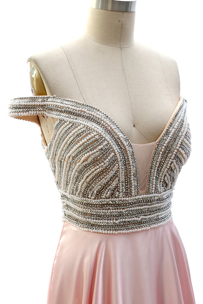 MACloth Off the Shoulder Beaded Long Prom Dress Pink Formal Evening Gown