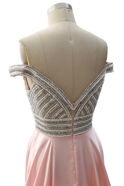 MACloth Off the Shoulder Beaded Long Prom Dress Pink Formal Evening Gown