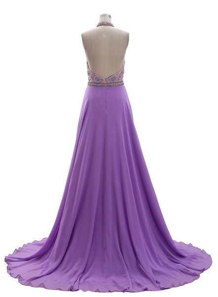 MACloth Halter High Neck Beaded Lavender Long Prom Dress Formal Evening Gown