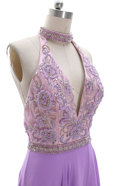 MACloth Halter High Neck Beaded Lavender Long Prom Dress Formal Evening Gown