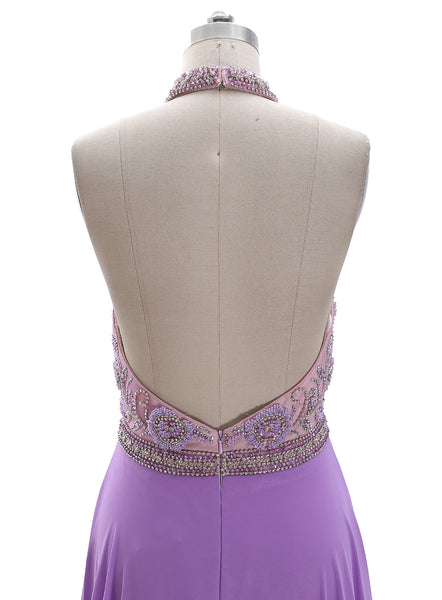 MACloth Halter High Neck Beaded Lavender Long Prom Dress Formal Evening Gown