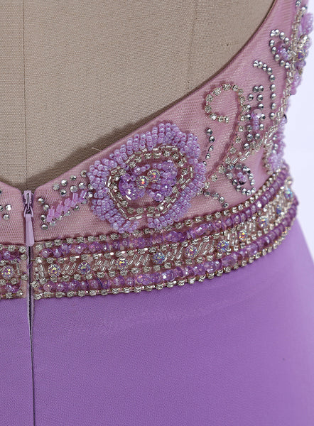 MACloth Halter High Neck Beaded Lavender Long Prom Dress Formal Evening Gown