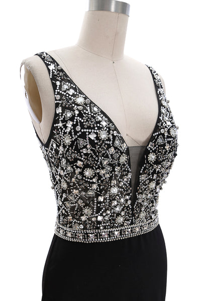 MACloth Deep V Neck Beaded Black Long Prom Dress Crepe Formal Evening Gown