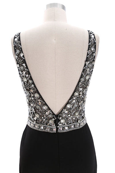MACloth Deep V Neck Beaded Black Long Prom Dress Crepe Formal Evening Gown