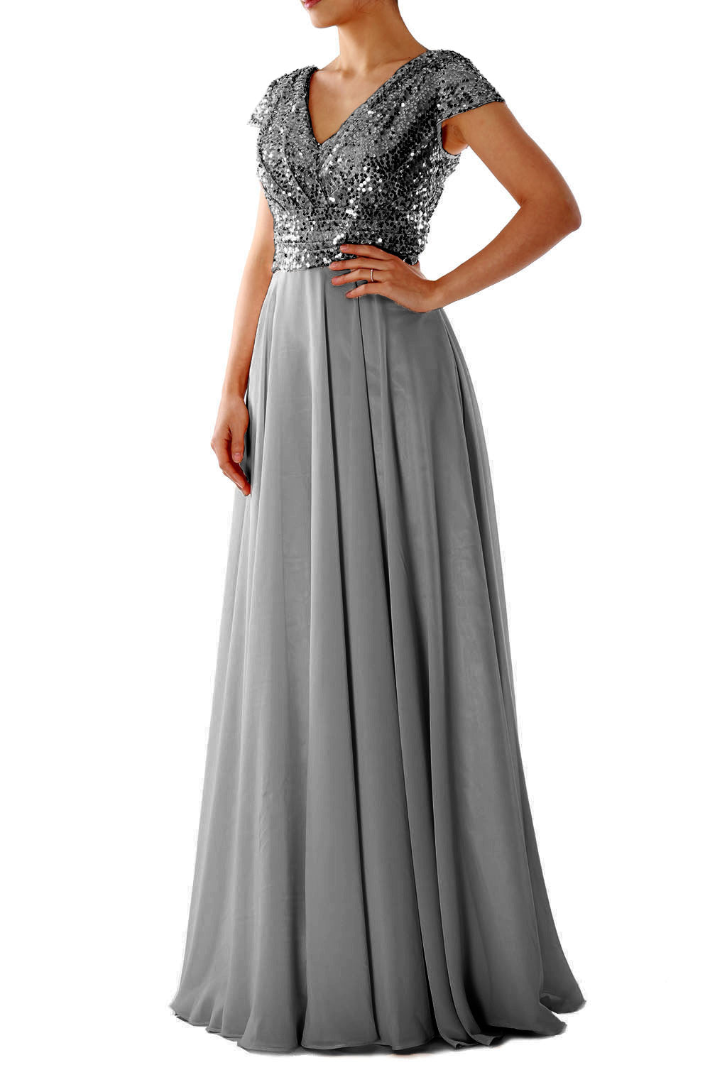 Cap Sleeves V Neck Sequin Chiffon Rose Gold Bridesmaid Dress