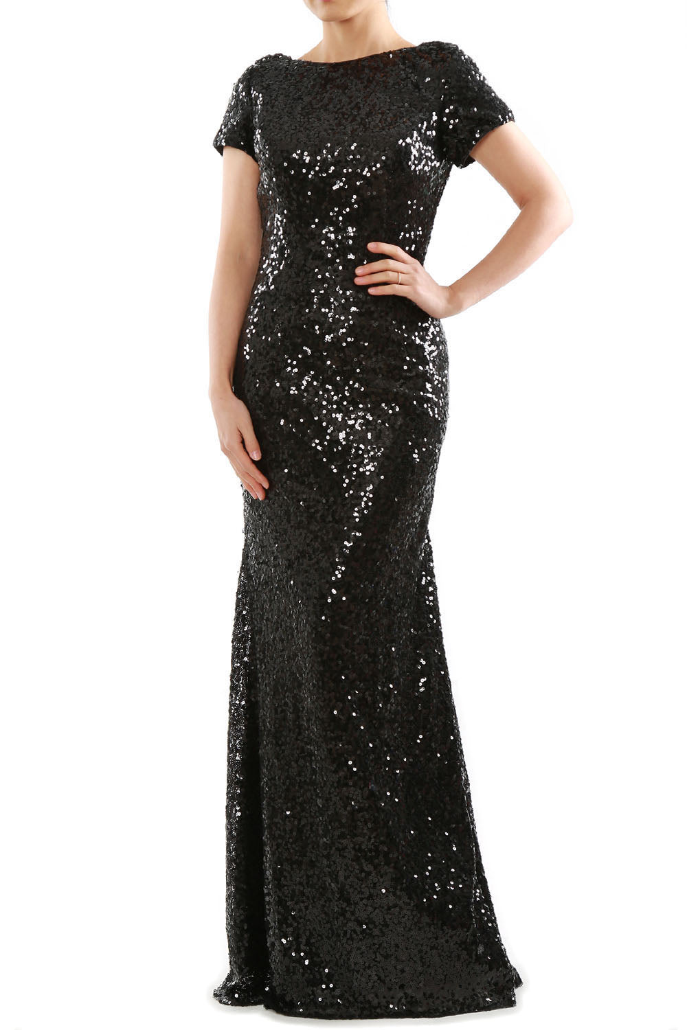 Vestido de noche formal de dama de honor largo con lentejuelas y mangas cortas de sirena de MACloth