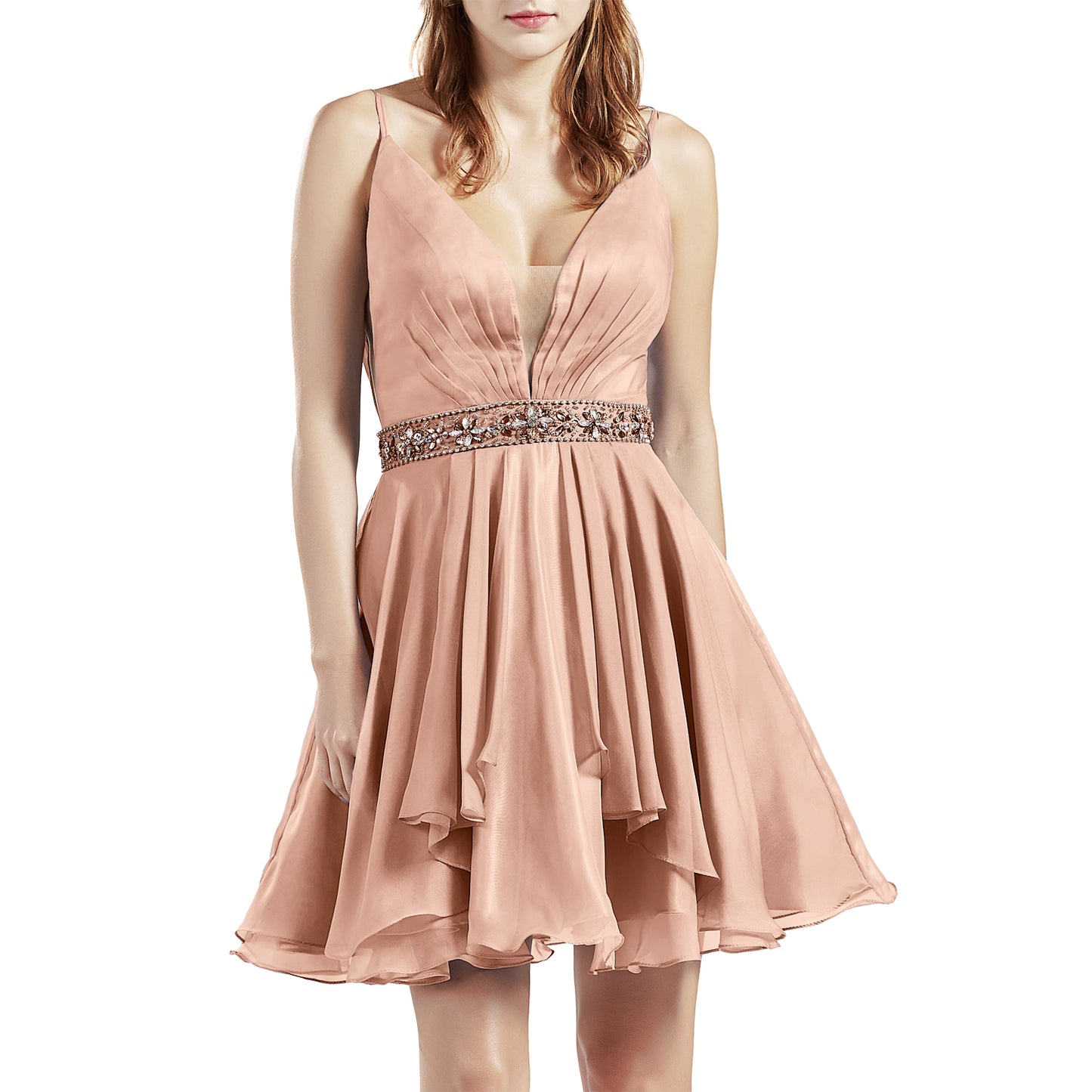 MACloth Women Short V Neck Beading Chiffon Cute Prom Homecoming Dresses Cocktail