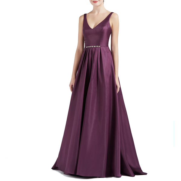 MACloth Women A Line V Neck Long Satin Prom Party Dresses Wedding Ball Gown