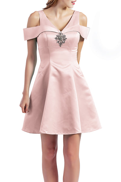 MACloth Women Short Cold Shoulder V Neck Satin Homecoming Dresses Wedding Guest