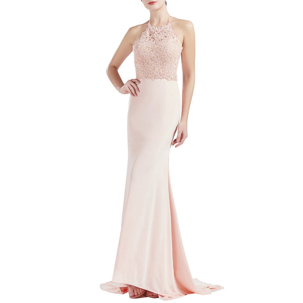 MACloth Women Sleeveless Halter Jersey Mermaid Long Prom Party Dresses Evening